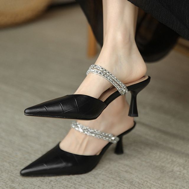 Pointy-Toe Rhinestone High-Heel Mules