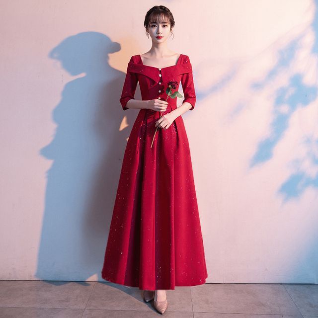 Elbow-Sleeve A-Line Evening Gown / Cocktail Dress