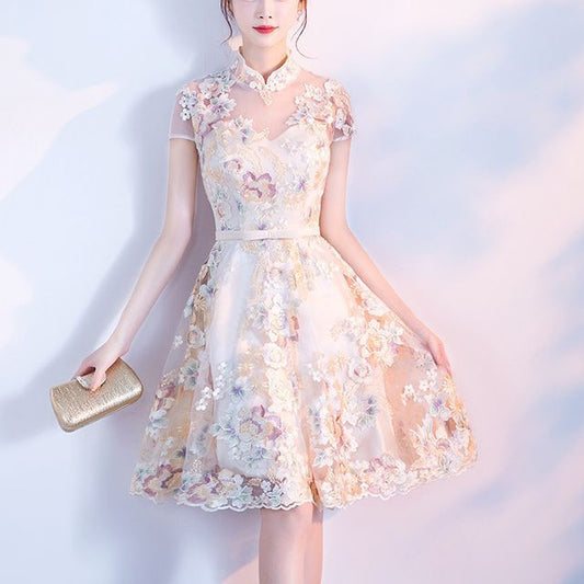 Floral Embroidered Qipao Cocktail Dress