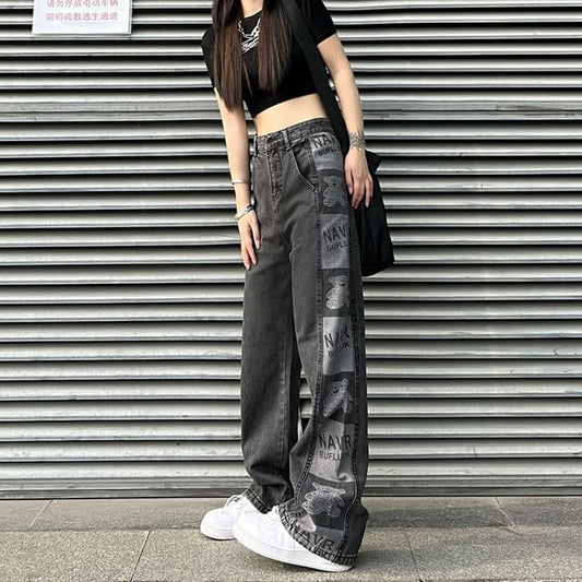 Print Jeans Graphic Waist High Baggy
