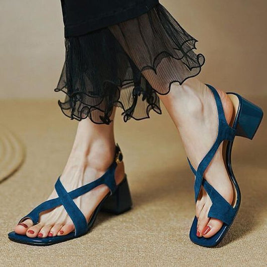 Square-Toe Strap Chunky Sandals Heel Cross