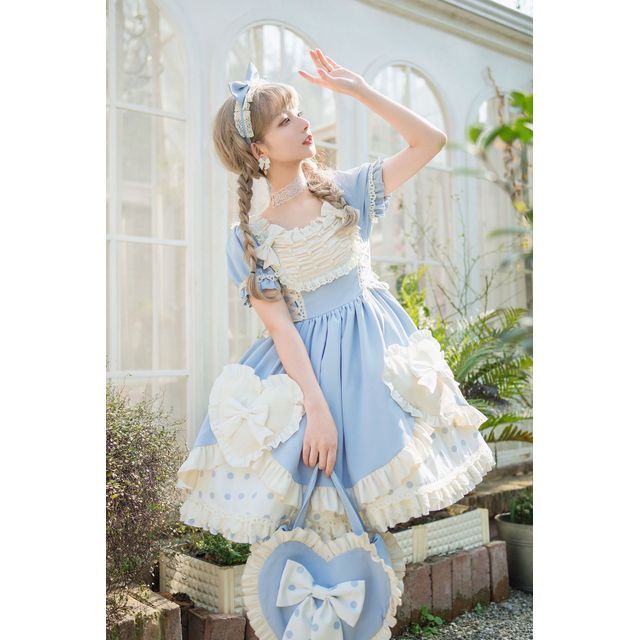 Robe trapèze mini à volants Lolita / Bandeau à nœud / Sac à main / Ensemble