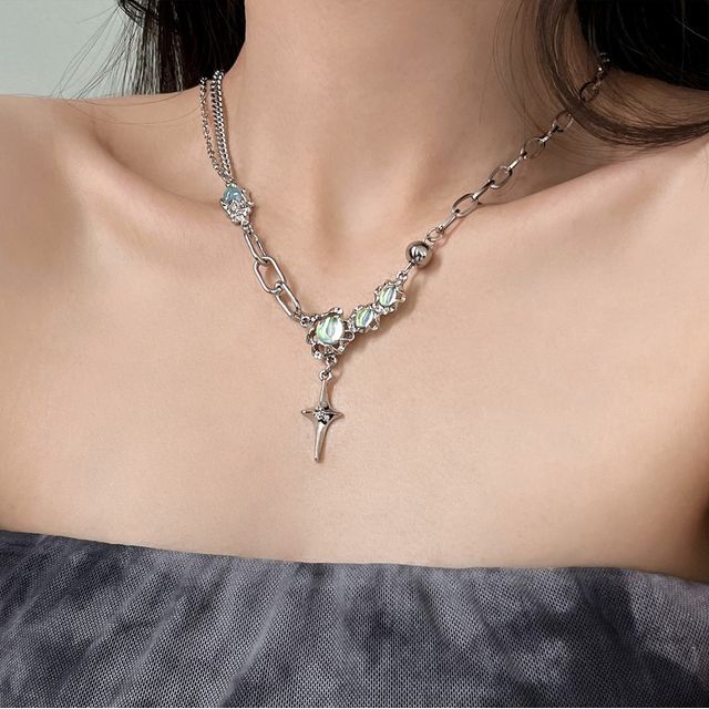 Steel Moonstone Rhinestone Necklace Pendant Star Stainless