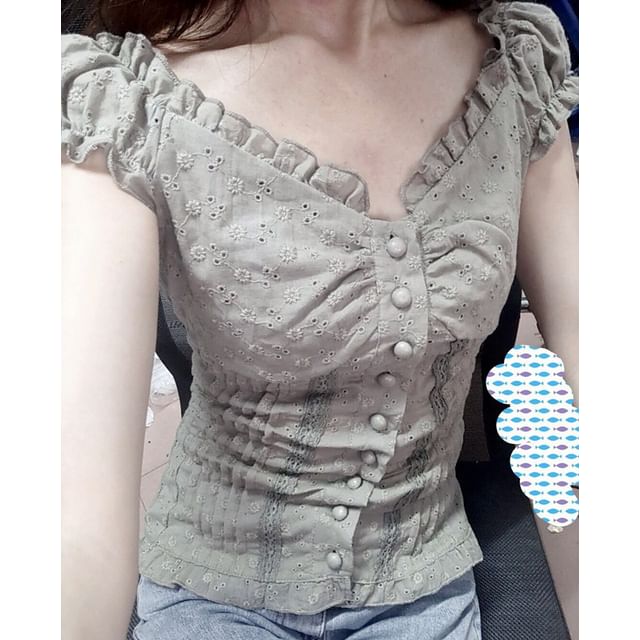 Frill Trim Eyelet Lace Blouse
