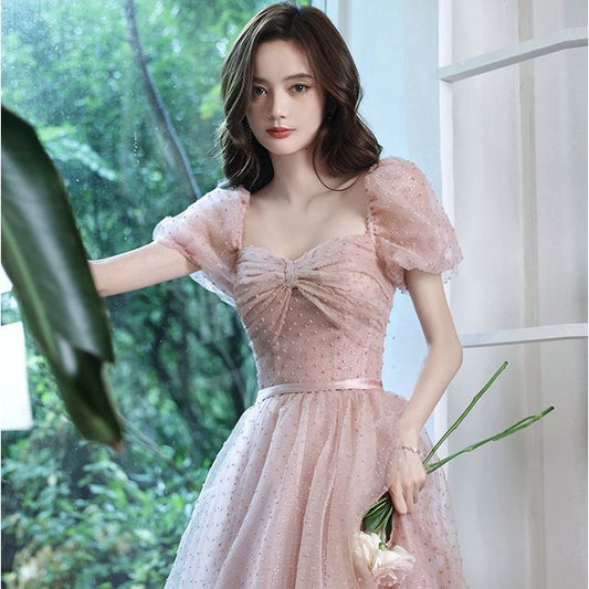 Puff-Sleeve Prom A-Line Dotted Dress
