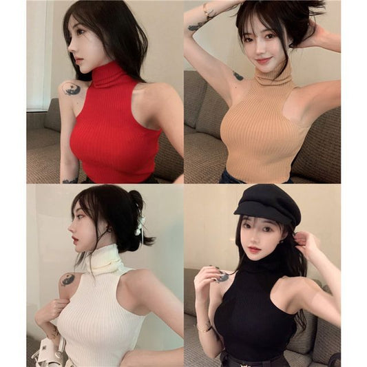 Turtleneck Sleeveless Plain Top