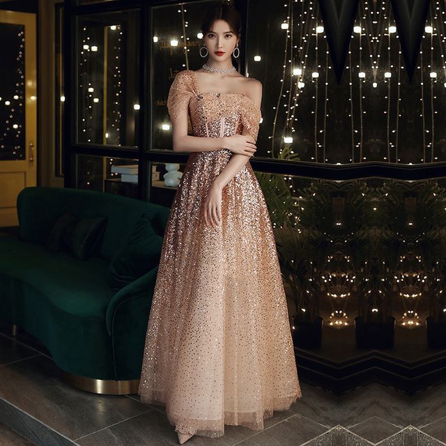 A-Line Sequin Evening Off-Shoulder Gown