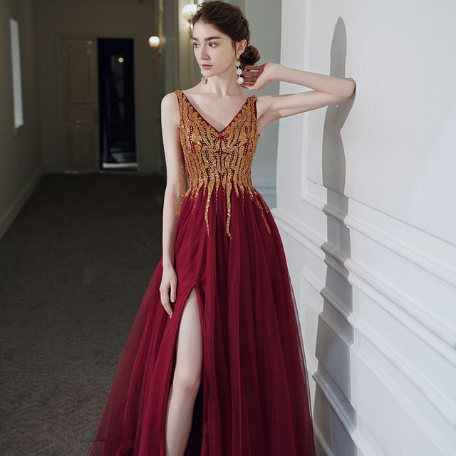 Glitter V-Neck Evening Gown A-Line