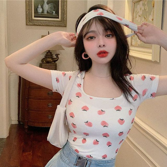 T-Shirt Print Strawberry Short-Sleeve