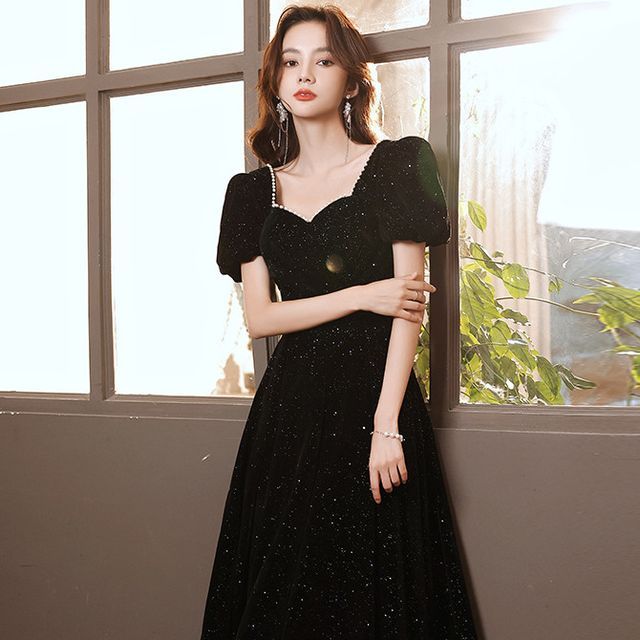 Sweetheart Beaded Puff-Sleeve (Various Trim Prom Glitter Neckline Dress Designs)