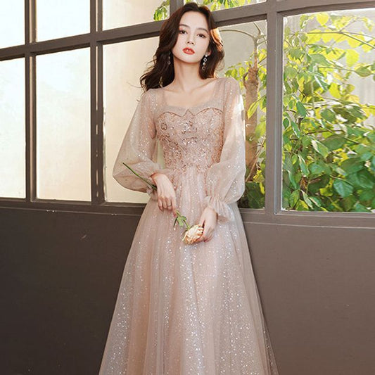 Embellished Neck Dress Mesh (Various Glitter Cocktail Square Designs) Long-Sleeve