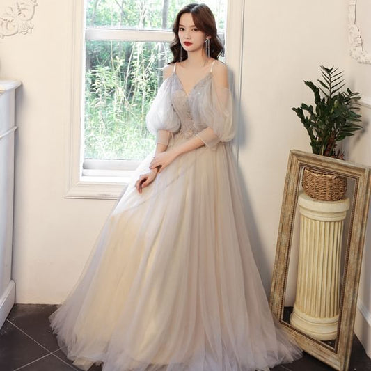 Cold A-Line Shoulder Rhinestone Evening 3/4-Sleeve Floral Gown