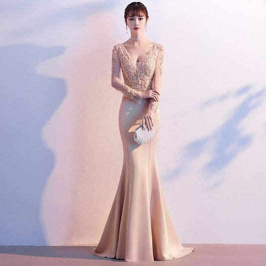 V-Neck Evening Mermaid Gown Lace Long-Sleeve