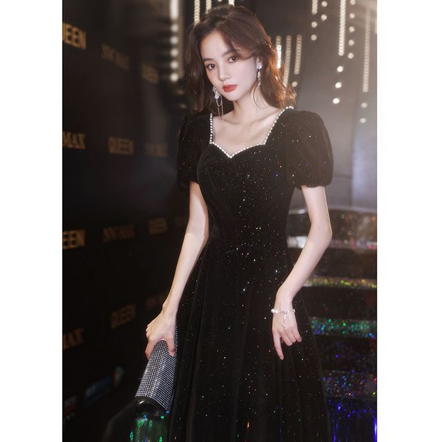 Sweetheart Beaded Puff-Sleeve (Various Trim Prom Glitter Neckline Dress Designs)