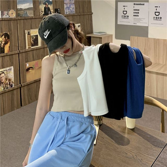 Tank Neck Top Plain Crop Round