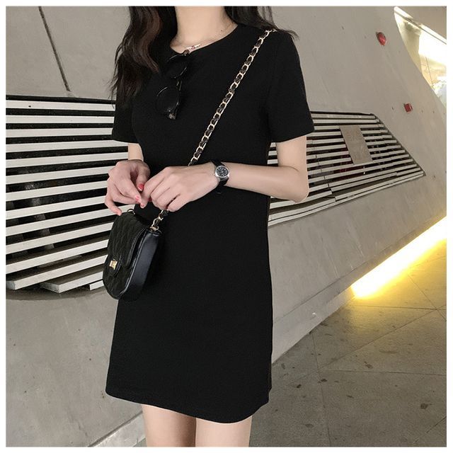 Round Dress Plain T-Shirt Short-Sleeve Mini Neck