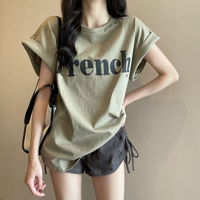 Cap-Sleeve Round T-Shirt Lettering Long Neck