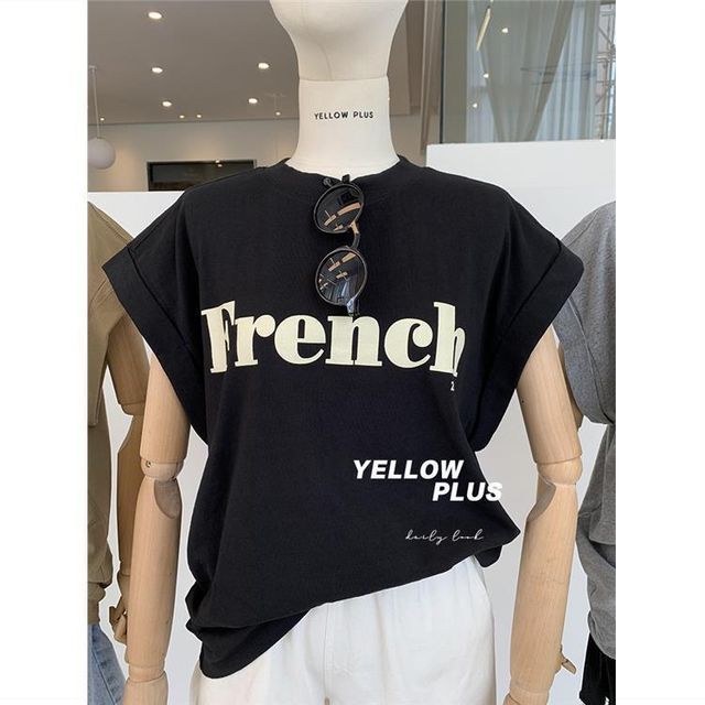 Cap-Sleeve Round T-Shirt Lettering Long Neck