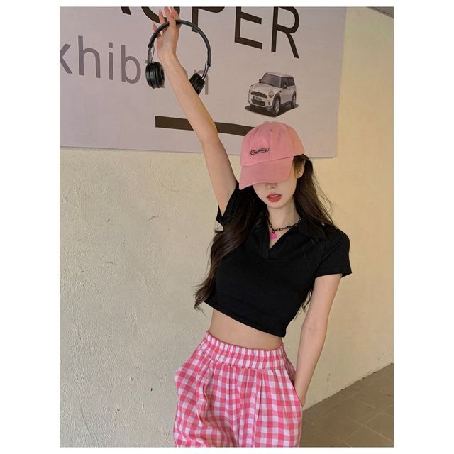 Plain Crop Short-Sleeve Polo Top