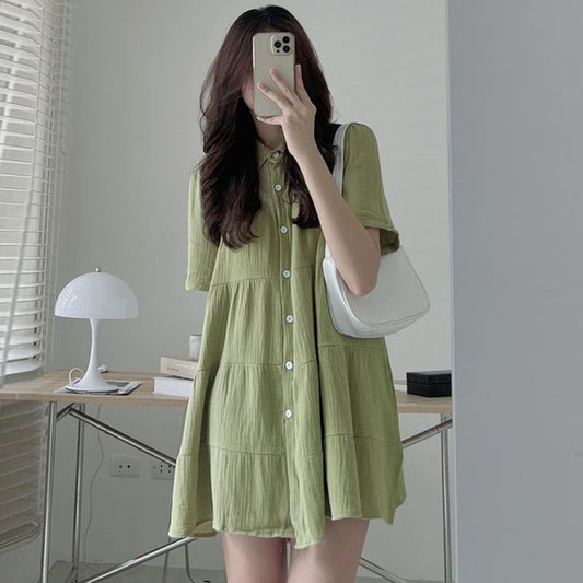 Short-Sleeve Plain Mini A-Line Shirt Dress