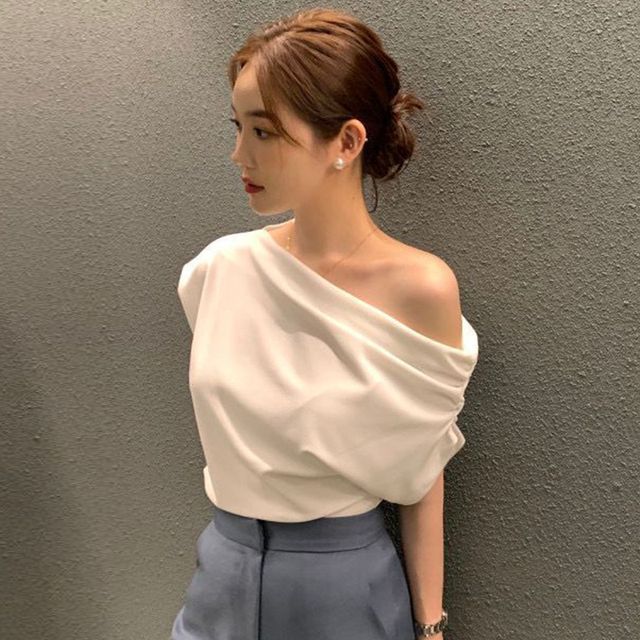 Cap-Sleeve Off-Shoulder Plain Asymmetrical Top