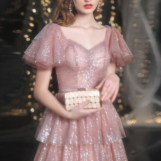 A-Line Sweetheart-Neckline Layered Gown Evening Sequined Short-Sleeve