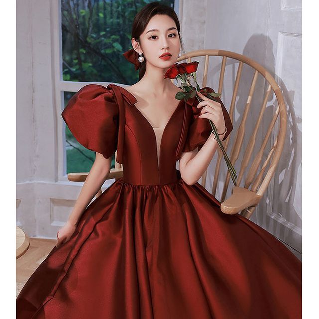 Plain Evening Panel Mesh Gown Puff-Sleeve A-Line