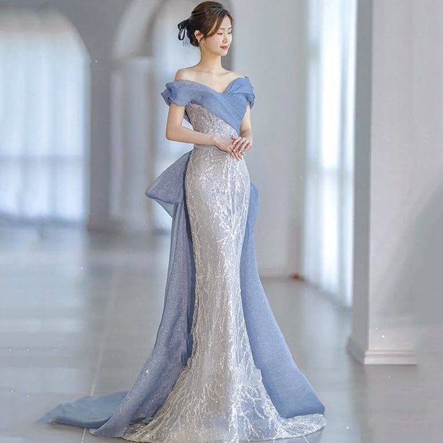 Off-Shoulder Paneled Gown Mermaid Evening Lace