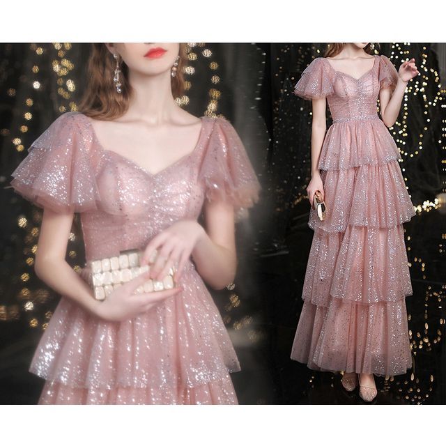 A-Line Sweetheart-Neckline Layered Gown Evening Sequined Short-Sleeve