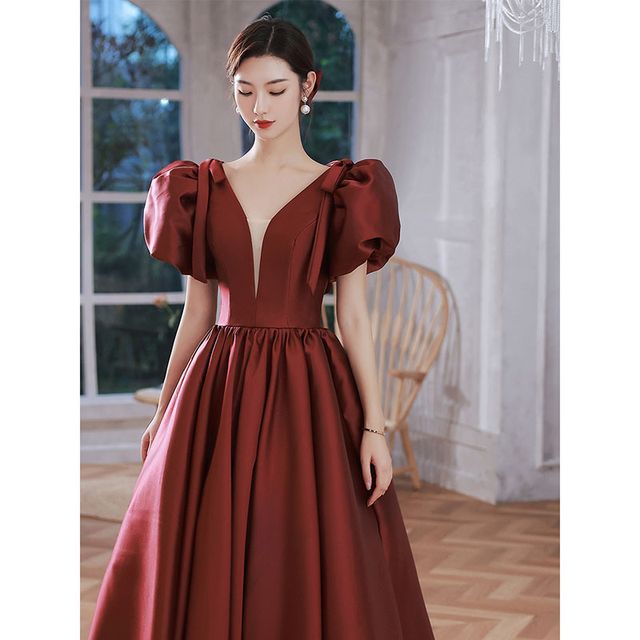 Plain Evening Panel Mesh Gown Puff-Sleeve A-Line