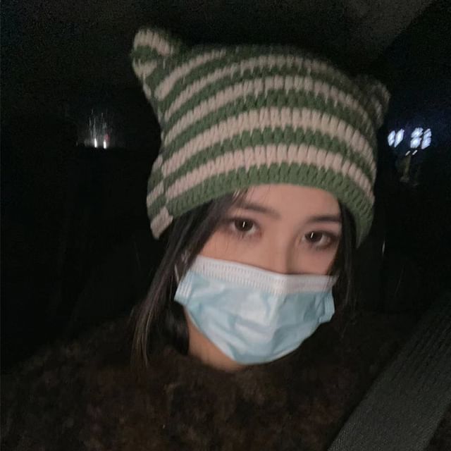 Knit Cat Beanie Striped Ear