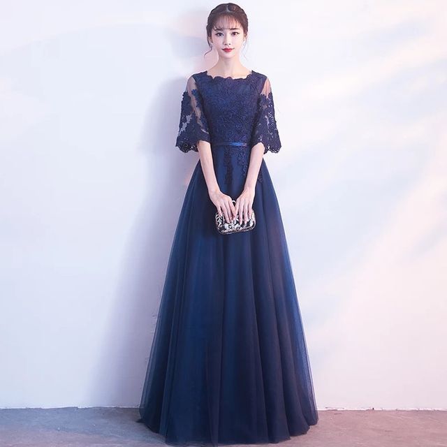 Short-Sleeve Floral Embroidered A-Line Evening Gown