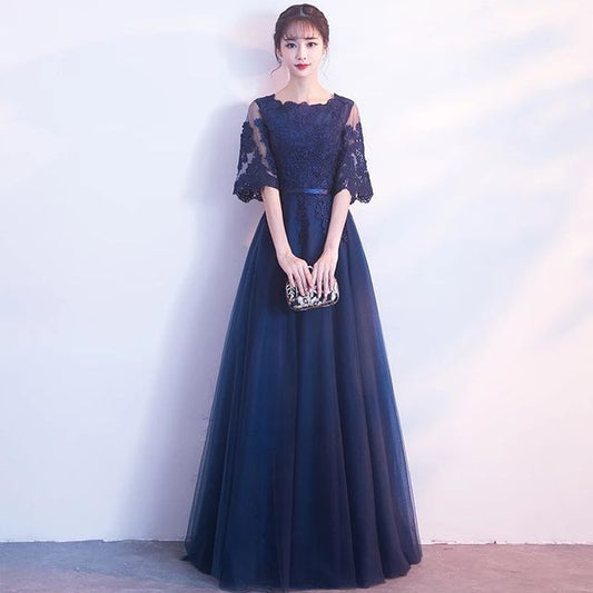 Short-Sleeve Floral Embroidered A-Line Evening Gown