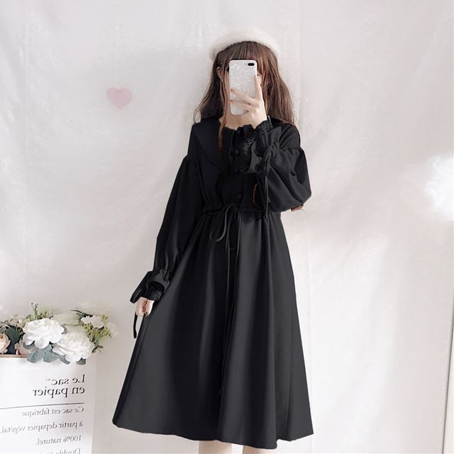 Contrast Trim Cape / Long-Sleeve Collared Plain Midi A-Line Dress