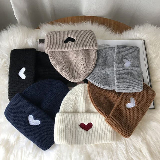 Heart Knit Embroidered Beanie