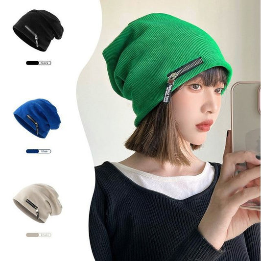 Beanie Ribbed Zip Detail