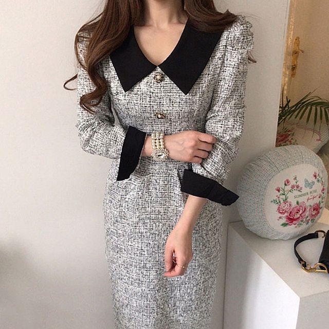 Long-Sleeve Contrast Collar Tweed Midi A-Line Dress