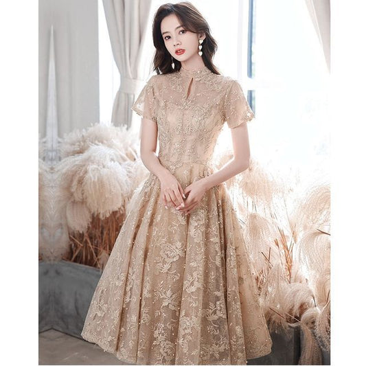 Evening Cocktail / Embroidered Mock A-Line Flower Dress Gown Faux Pearl Short-Sleeve Neck