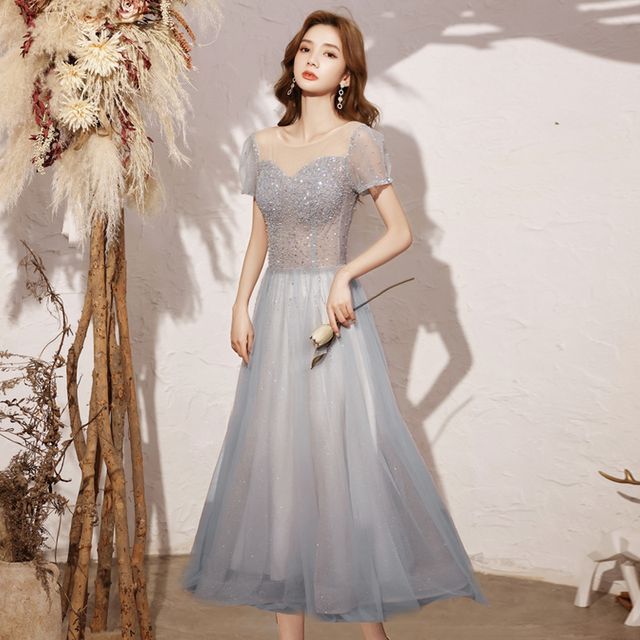 Short-Sleeve Round Neck Sequin Mesh A-Line Cocktail Dress / Evening Gown