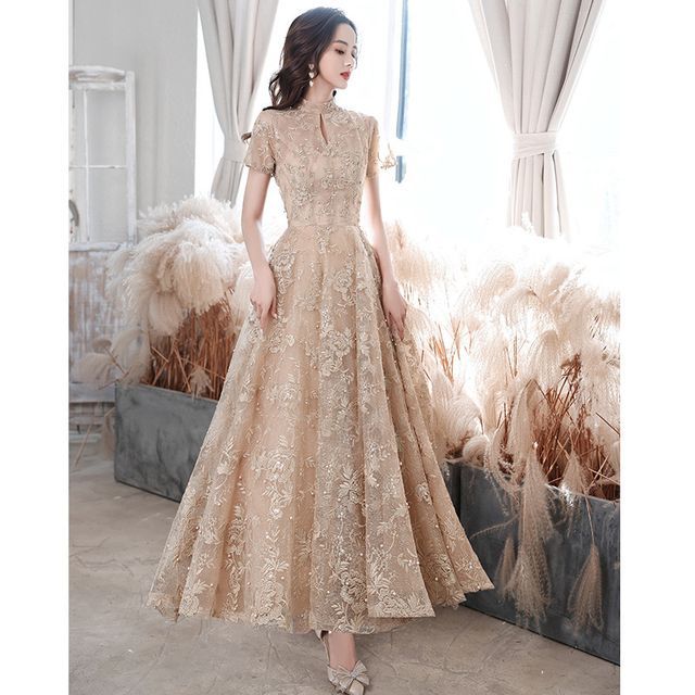 Evening Cocktail / Embroidered Mock A-Line Flower Dress Gown Faux Pearl Short-Sleeve Neck