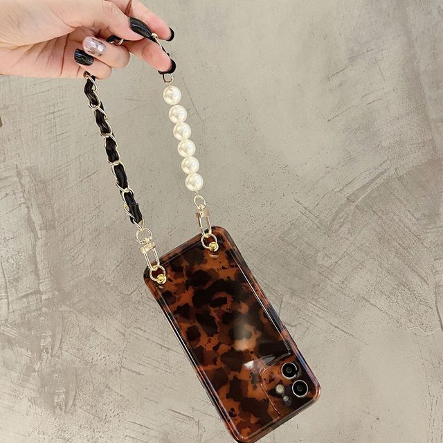 Leopard Faux Pearl Case Chain Print Phone
