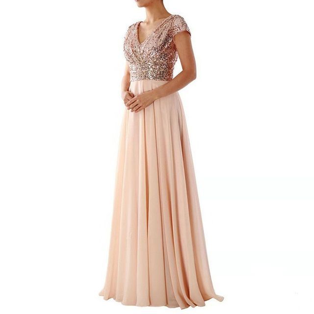 Short-Sleeve Sequined A-Line Evening Gown