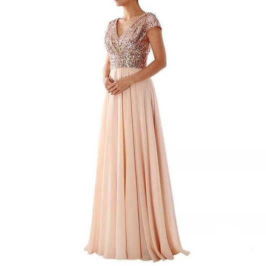 Short-Sleeve Sequined A-Line Evening Gown