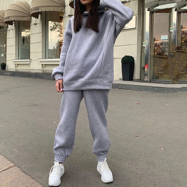 Set: Long Sleeve Plain Loose-Fit Hoodie + Straight-Leg Sweatpants