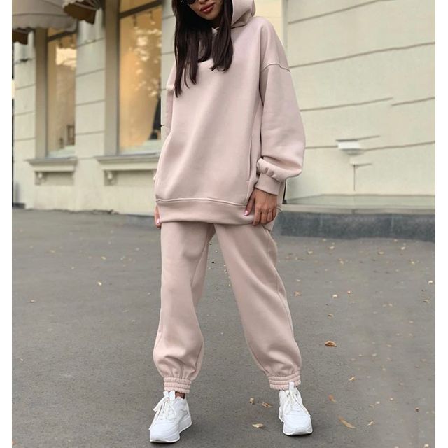 Set: Long Sleeve Plain Loose-Fit Hoodie + Straight-Leg Sweatpants