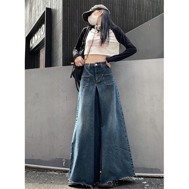 High Waist Washed Fray Hem Maxi Denim Skirt