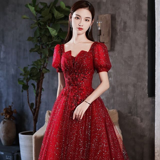 Sequined Evening Notched A-Line Short-Sleeve Gown