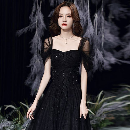 Short-Sleeve Square Neck Mesh Evening Gown