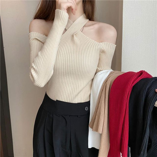 Long-Sleeve Halter Cold-Shoulder Knit Plain Top