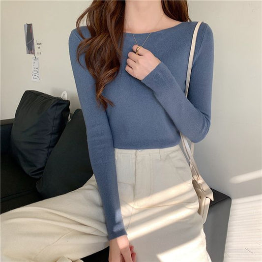 Slim-Fit Top Knit Plain Long-Sleeve